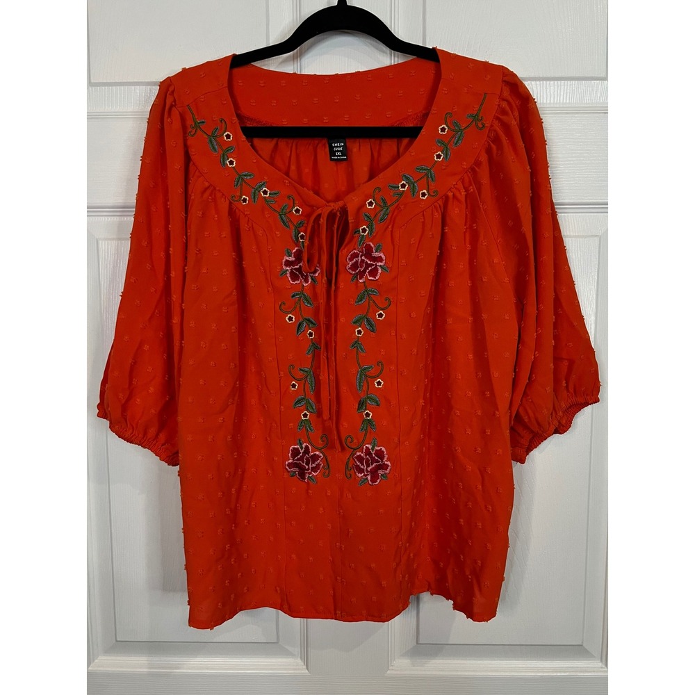 SHEIN CURVE Women's Orange Floral Embroidered Swiss Dot Tie Front Blouse - 1XL